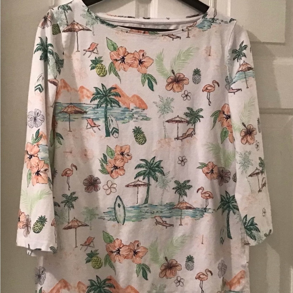 The Talbots Tee Petite LP 3/4 Sleeve Top T-Shirt Tropical Beach Print